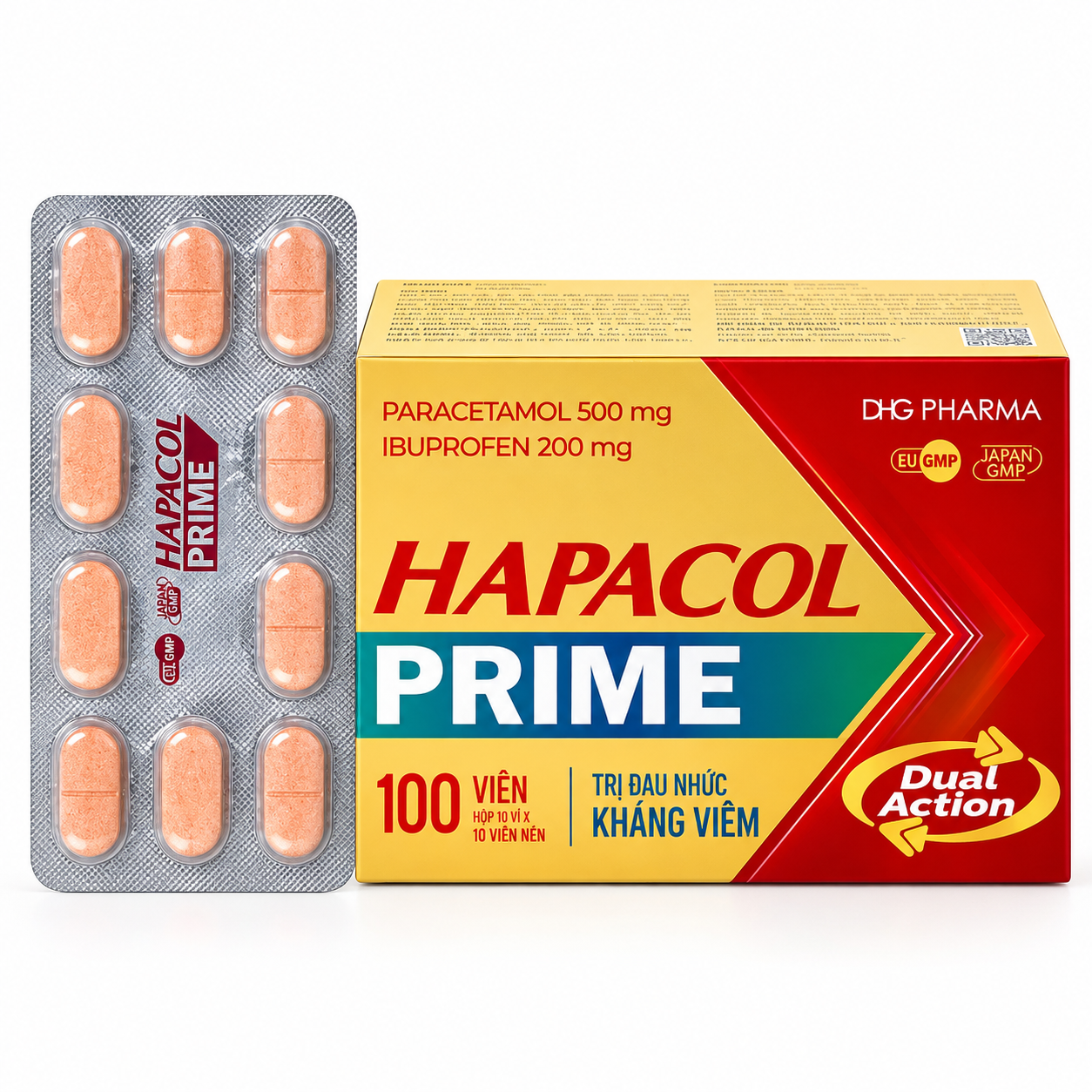 Hapacol Prime (Paracetamol/Ibuprofen 500 mg/200 mg) DHG Pharma 10 vỉ x 10 viên