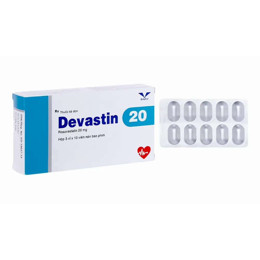 Devastin 20 (Rosuvastatin 20 mg) Bidiphar 3 vỉ x 10 viên